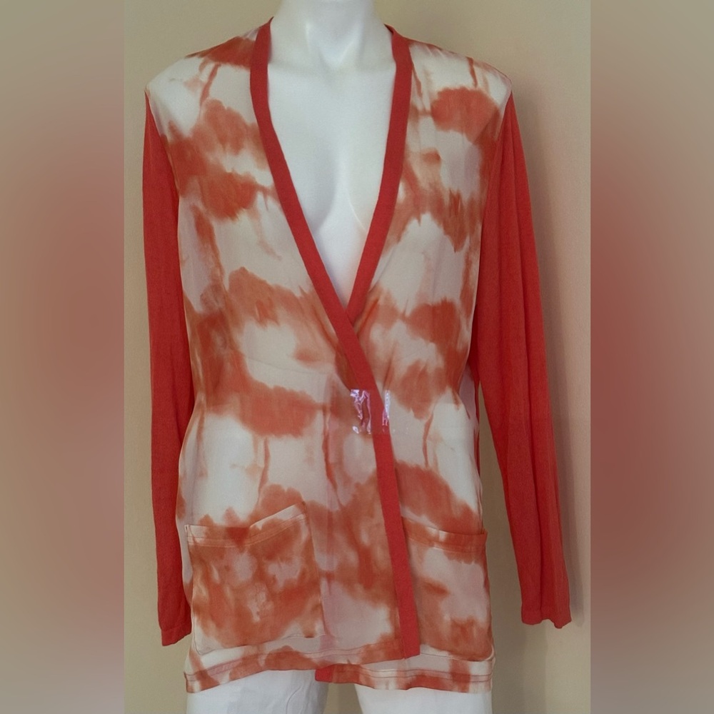 Chico's Orange Red & White Tie Dye Sheer No Button Light SummerJacket Sz 3.